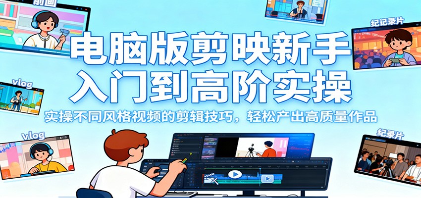 电脑版剪映新手入门到高阶实操，实操不同风格视频的剪辑技巧，轻松产出高质量作品-千帆创业